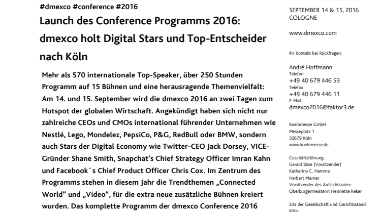 Launch des Conference Programms 2016: dmexco holt Digital Stars und Top-Entscheider nach Köln