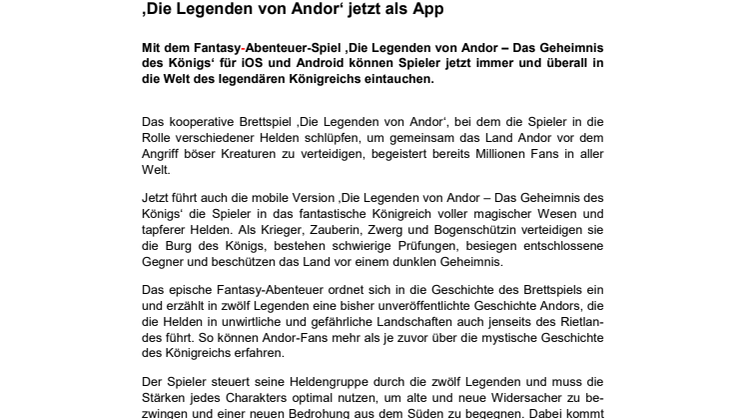 ‚Die Legenden von Andor‘ jetzt als App