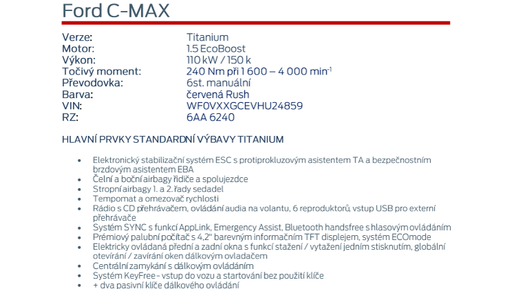 Specifikace Fordu C-MAX Titanium