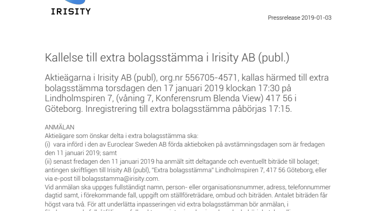 Kallelse till extra bolagsstämma i Irisity AB (publ.)