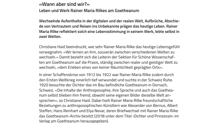 «Wann aber sind wir?». Leben und Werk Rainer Maria Rilkes am Goetheanum