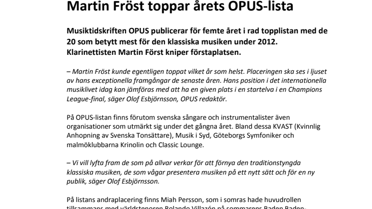 Martin Fröst toppar årets OPUS-lista
