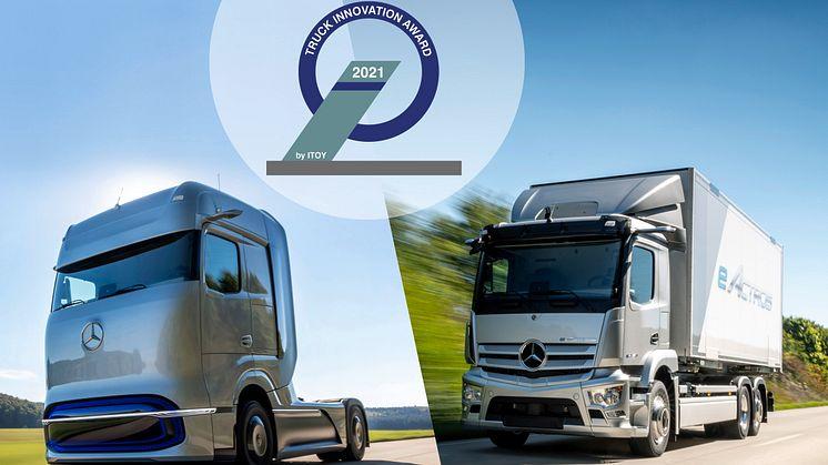 Bränslecellsdrivna konceptlastbilen GenH2 och eldrivna eActros fick dela på  ”Truck innovation Award”.