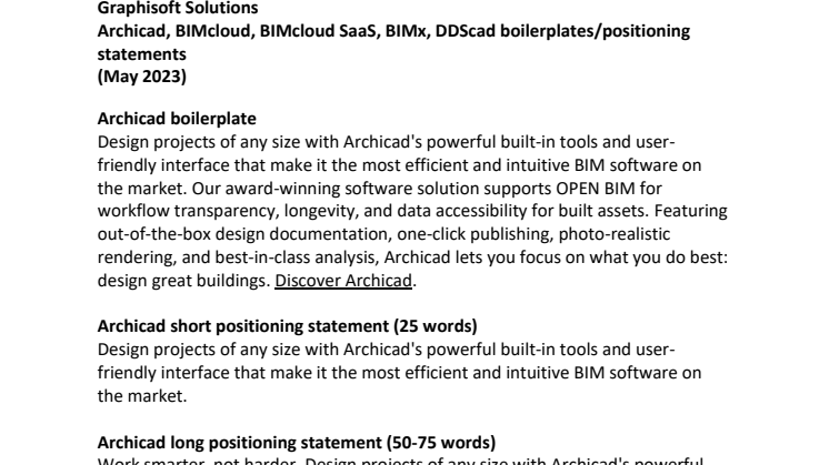 Archicad, BIMcloud, BIMcloud SaaS, BIMx, DDScad boilerplates, positioning statements, logos