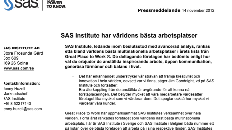 SAS Institute har världens bästa arbetsplatser