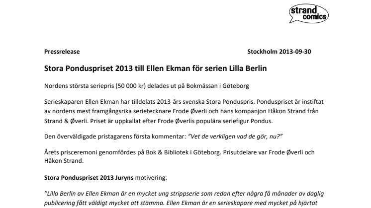 Stora Ponduspriset 2013 till Ellen Ekman för serien Lilla Berlin
