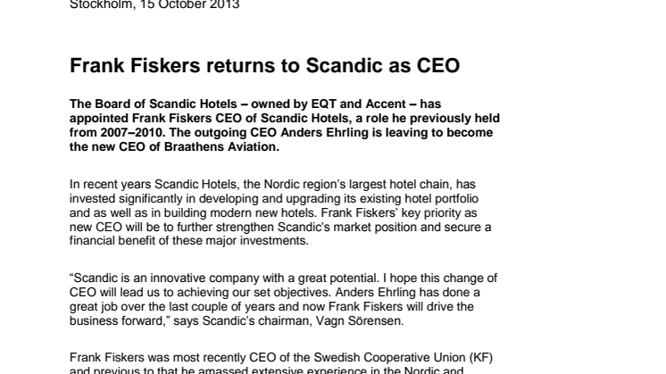 Frank Fiskers returns to Scandic as CEO