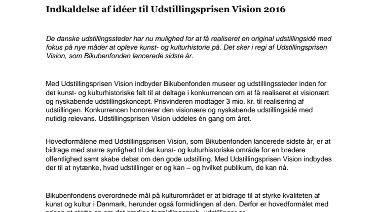 Indkaldelse af idéer til Udstillingsprisen Vision 2016