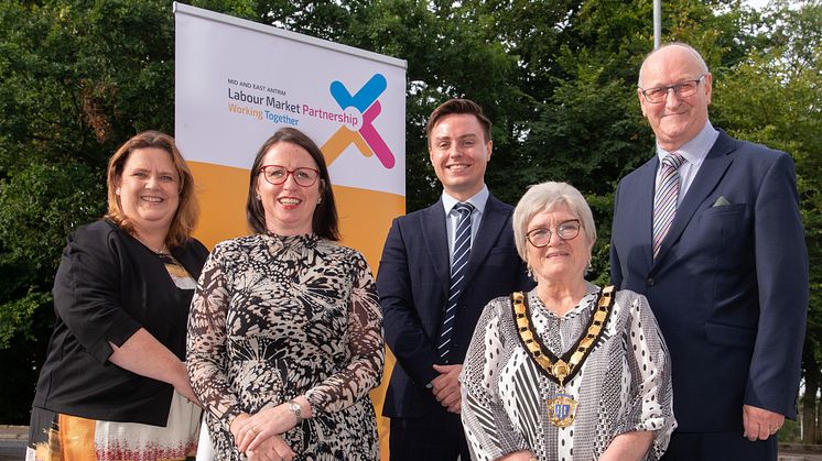 Pictured is Edyth Dunlop; NIUSE, Rhonda Lynn; Mid and East Antrim Borough Council,  Stephen McGlew; Department for Communities, Deputy Mayor Councillor Beth Adger MBE and Norman Sterritt; NIUSE. 