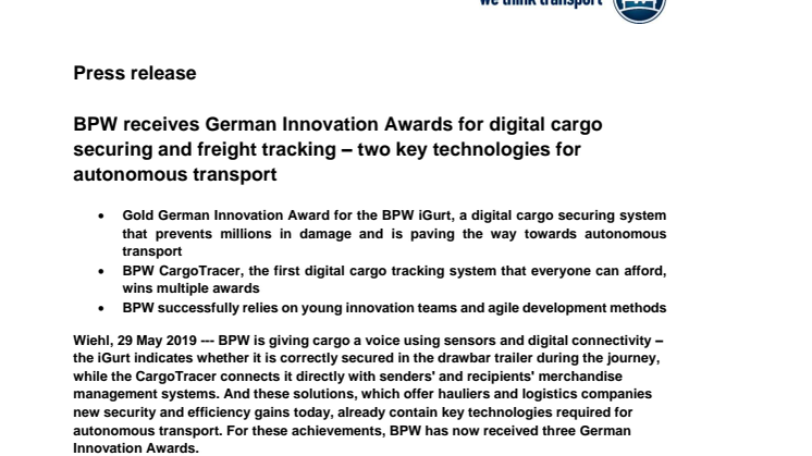 BPW receives German Innovation Awards for digital cargo securing and freight tracking – two key technologies for autonomous transport