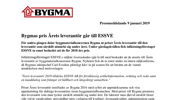 Bygmas pris Årets leverantör går till ESSVE
