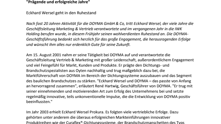 DOYMA-Pressemitteilung: "Prägende und erfolgreiche Jahre" - Eckhard Wersel geht in den Ruhestand 
