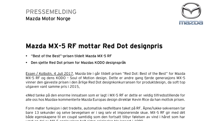 Mazda MX-5 RF mottar Red Dot designpris