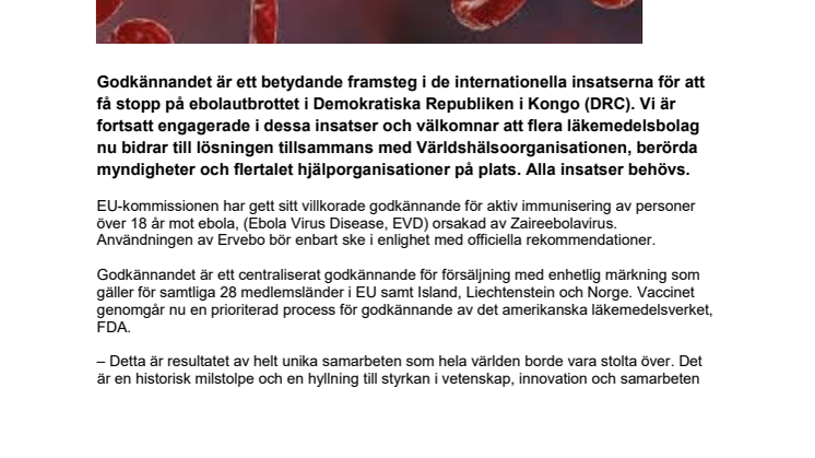 MSDs Ebolavaccin Ervebo® ges villkorat  godkännande av Europakommissionen