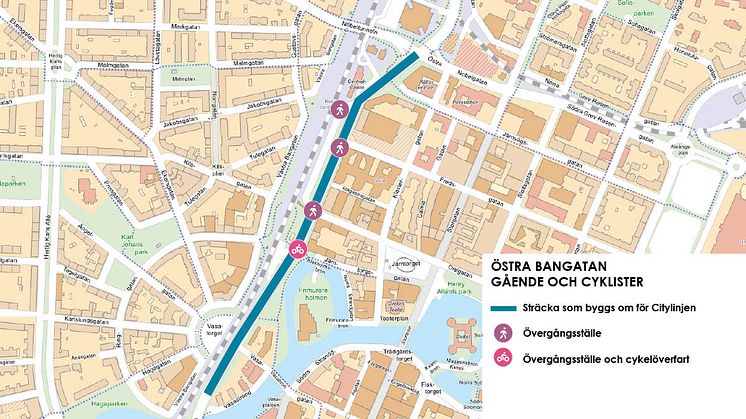 Karta: gående och cyklister, Östra Bangatan