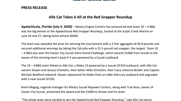 Alle Cat Takes it All at the Red Snapper Roundup