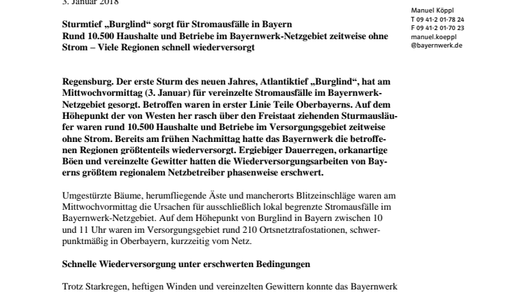 Sturmtief „Burglind“ sorgt für Stromausfälle in Bayern