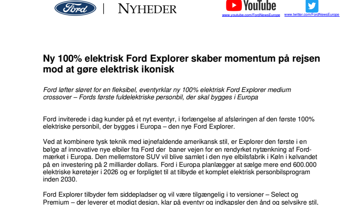 Ny 100% elektrisk Ford Explorer skaber momentum på rejsen mod at gøre elektrisk ikonisk