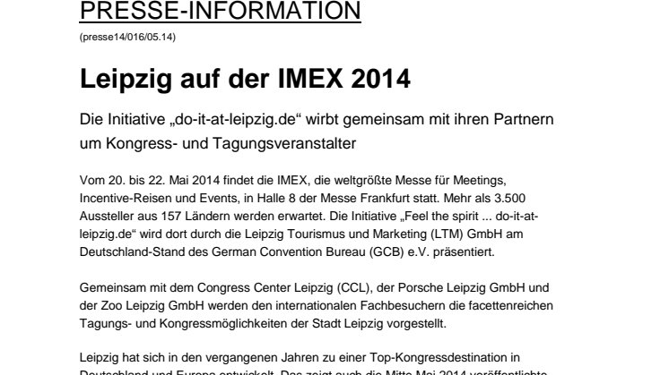 IMEX 2014: Leipzig präsentiert sich auf der weltgrößten Messe für Meetings, Incentive-Reisen und Events
