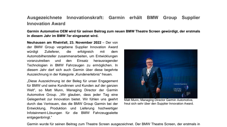 PM CH Garmin Garmin OEM erhält BMW Supplier Innovation Award