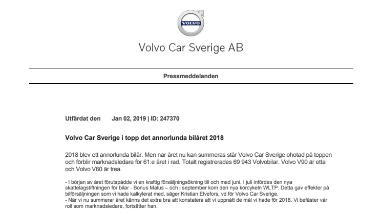 Volvo Car Sverige i topp det annorlunda bilåret 2018