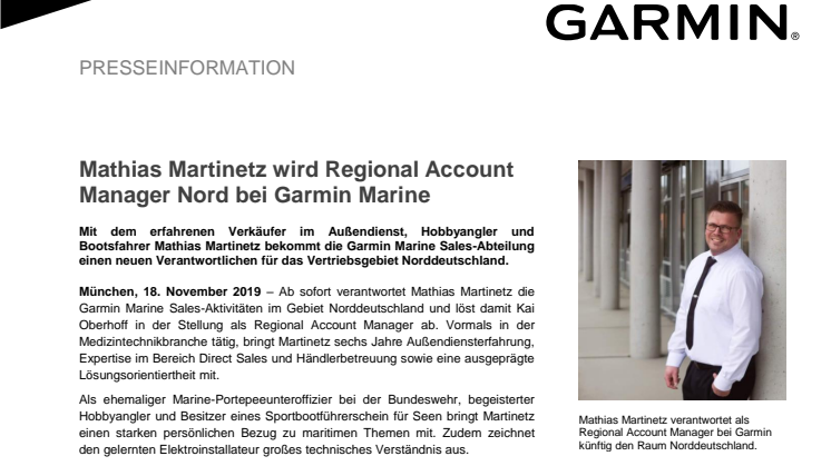 Mathias Martinetz wird Regional Account Manager Nord bei Garmin Marine