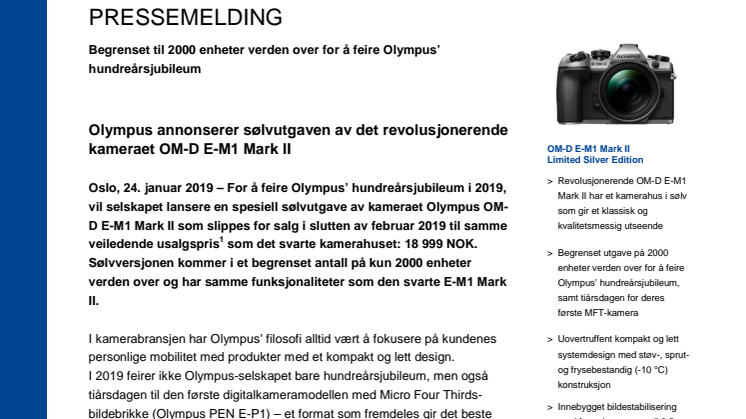 Olympus annonserer sølvutgaven av det revolusjonerende kameraet OM-D E-M1 Mark II