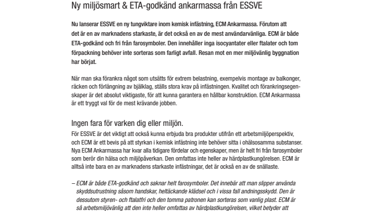 Ny miljösmart & ETA-godkänd ankarmassa från ESSVE 