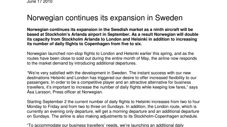 Norwegian continues its expansion in Sweden