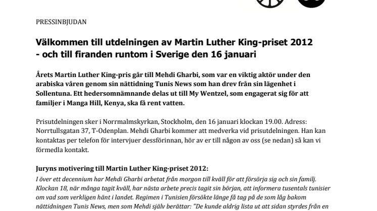 Välkommen till utdelningen av Martin Luther King-priset 2012 - och till firanden runtom i Sverige den 16 januari