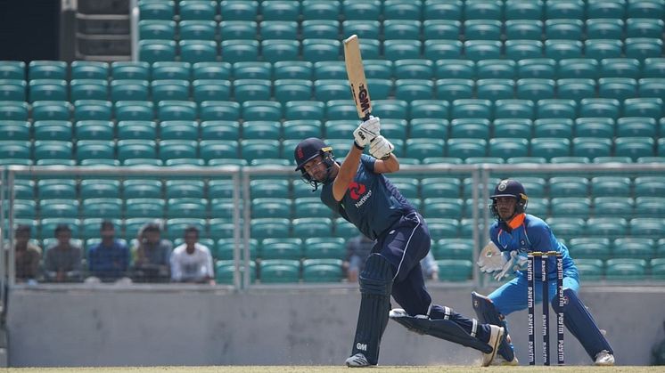 Lewis Gregory hits out against India A in Trivandrum (credit: Subhash Kumarapuram)