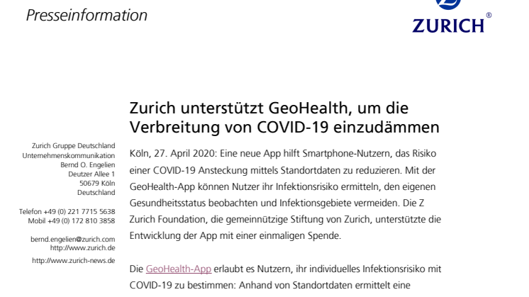 Zurich unterstützt GeoHealth, um die Verbreitung von COVID-19 einzudämmen 