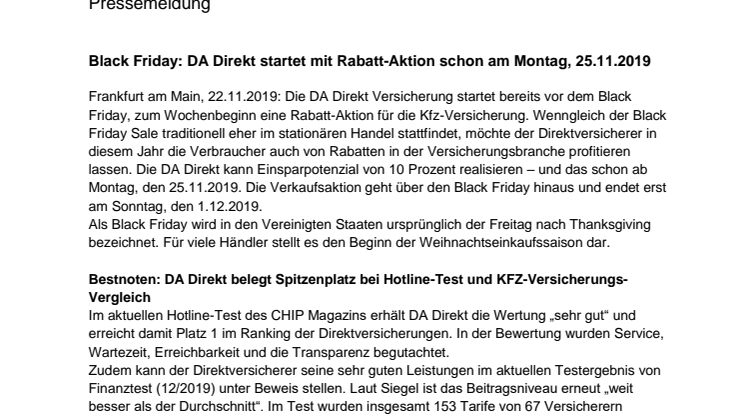 Black Friday: DA Direkt startet mit Rabatt-Aktion schon am Montag, 25.11.2019 