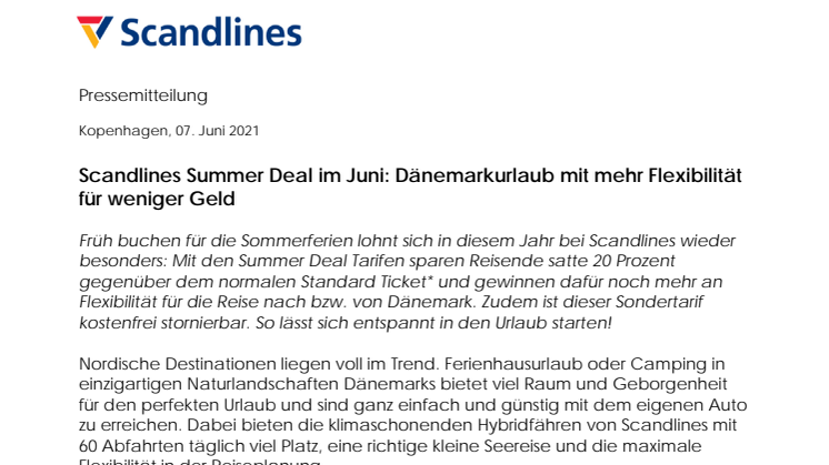Scandlines Summer Deal im Juni: Dänemarkurlaub mit mehr Flexibilität für weniger Geld 