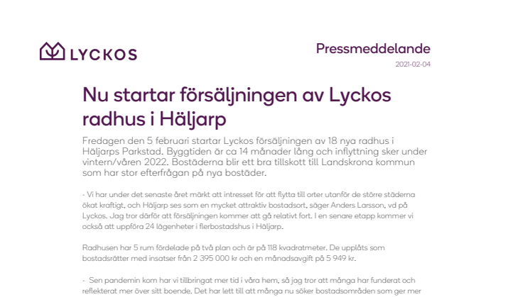 Nu startar försäljningen av Lyckos radhus i Häljarp