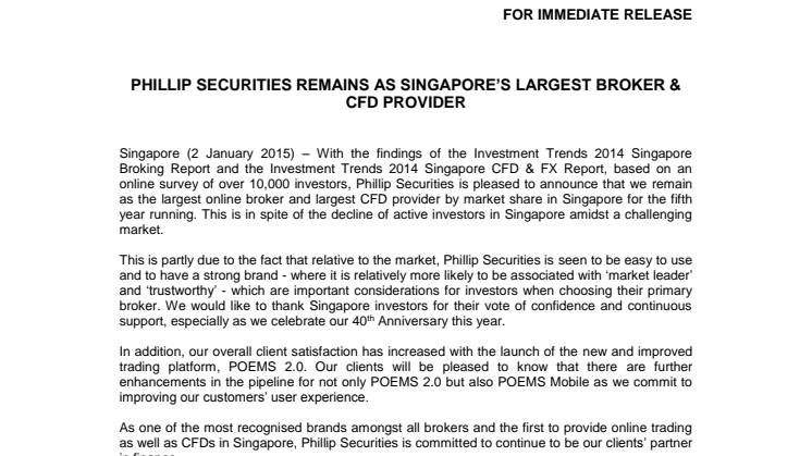 Phillip Securities Remains As Singapore's Largest Broker & CFD Provider