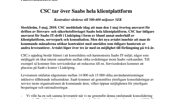 CSC tar över Saabs hela klientplattform