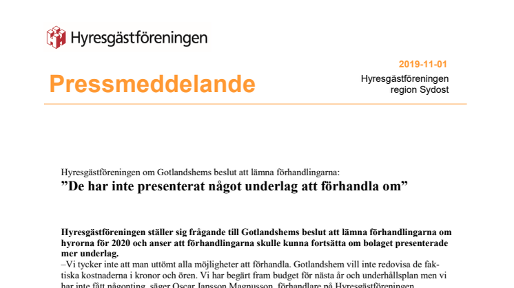 Hyresgästföreningen om Gotlandshems beslut att lämna förhandlingarna: ”De har inte presenterat något underlag att förhandla om”