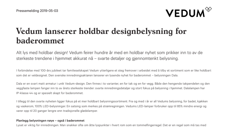 Vedum lanserer holdbar designbelysning for  baderommet