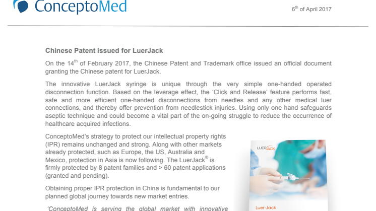 Chinese Patent issued for LuerJack