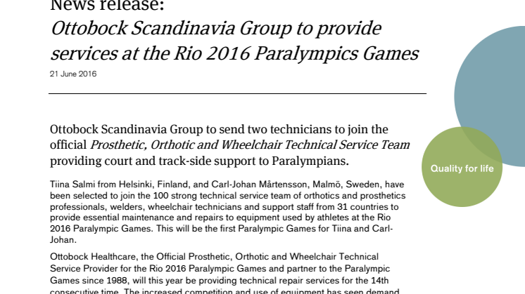 Tekniker från Ottobock Scandinavia  Group bistår med service vid Paralympics  i Rio 2016