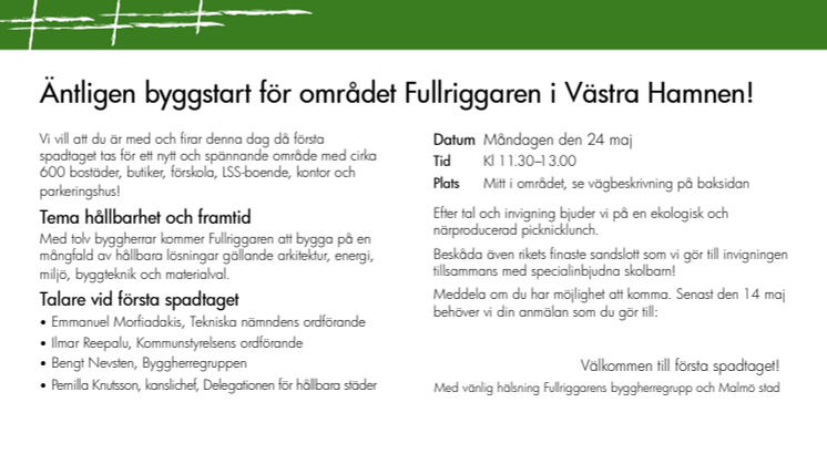 Inbjudan - första spadtaget för nytt område i Västra Hamnen med höga hållbarhetsambitioner 
