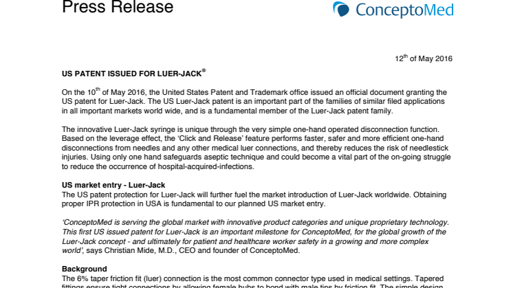 US Patent issued for Luer-Jack®