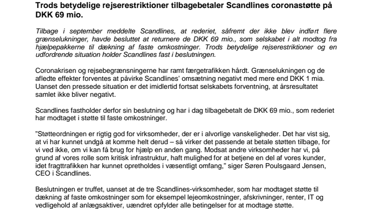 Trods betydelige rejserestriktioner tilbagebetaler Scandlines coronastøtte på DKK 69 mio.