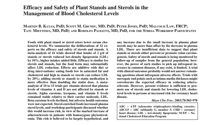 Studie om växtsteroler och statiner: "Efficacy and safety of plant stanols and sterols in the management of blood cholesterol levels."