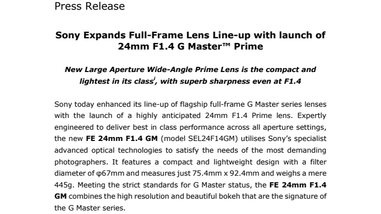 Sony utvider sin objektivserie for fullformat kameraer med lanseringen av  24mm F1.4 G Master™ Prime