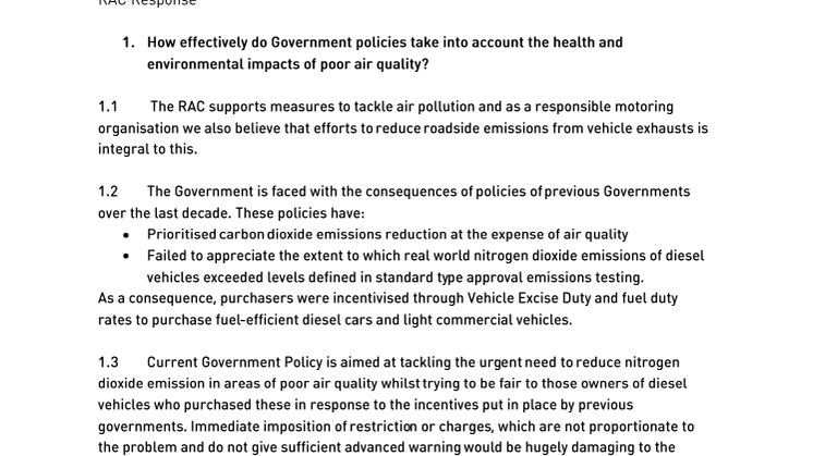 RAC responds to the joint committee inquiry into air quality