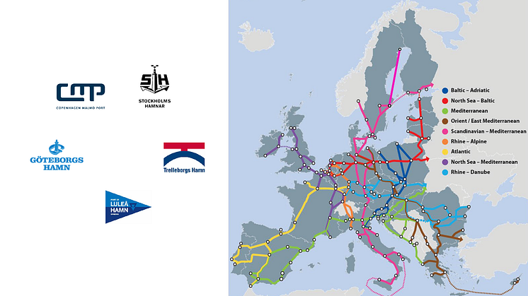 Karta över corehamnar och transportkorridorer i Europa. Bild: Tentec.