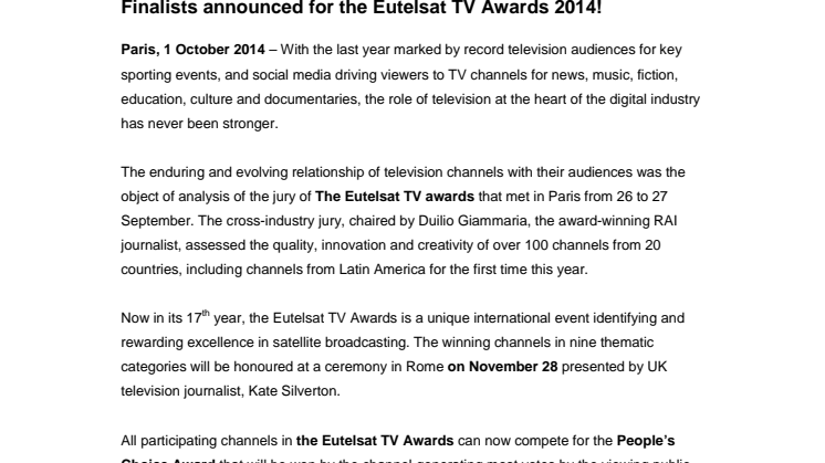 Finalists announced for the Eutelsat TV Awards 2014!