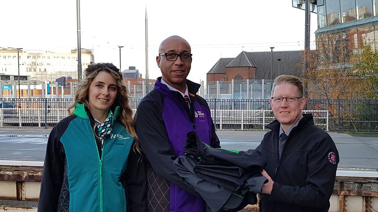 Staff from London Northwestern Railway and West Midlands Railway handing over old uniforms to Justin Frost from The Salvation Army Trading Company